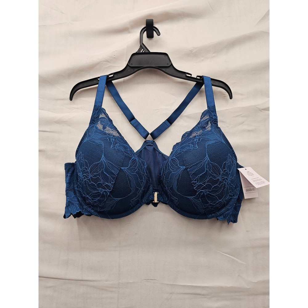 Auden Womens Lace Front Close Push Up Plunge Bra Blue Nylon Blend Size 44D